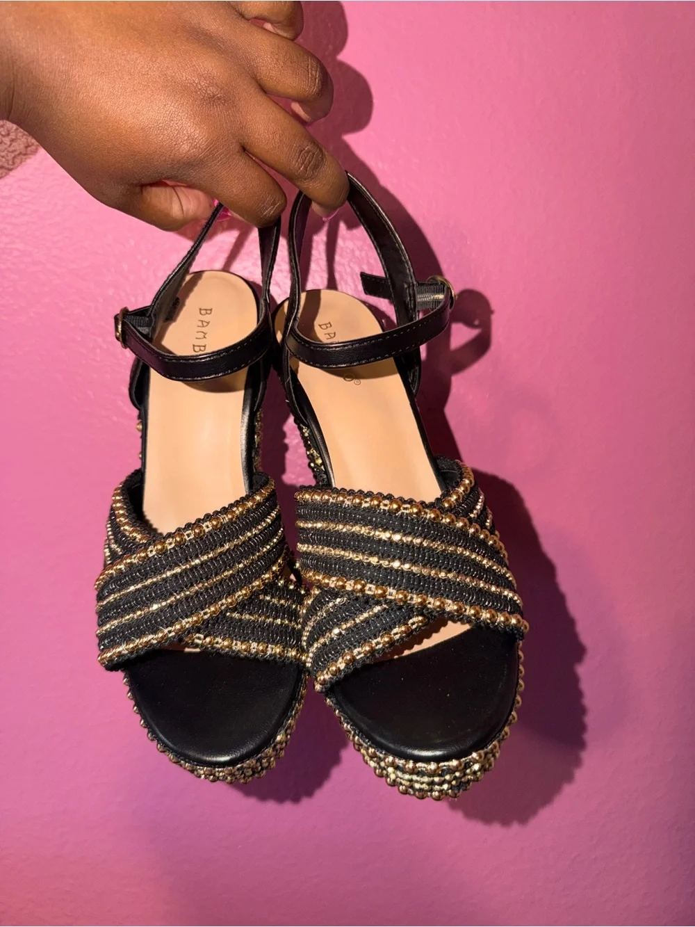 BAMBOO Black & Gold Striped Woven Platform Wedge Sandals